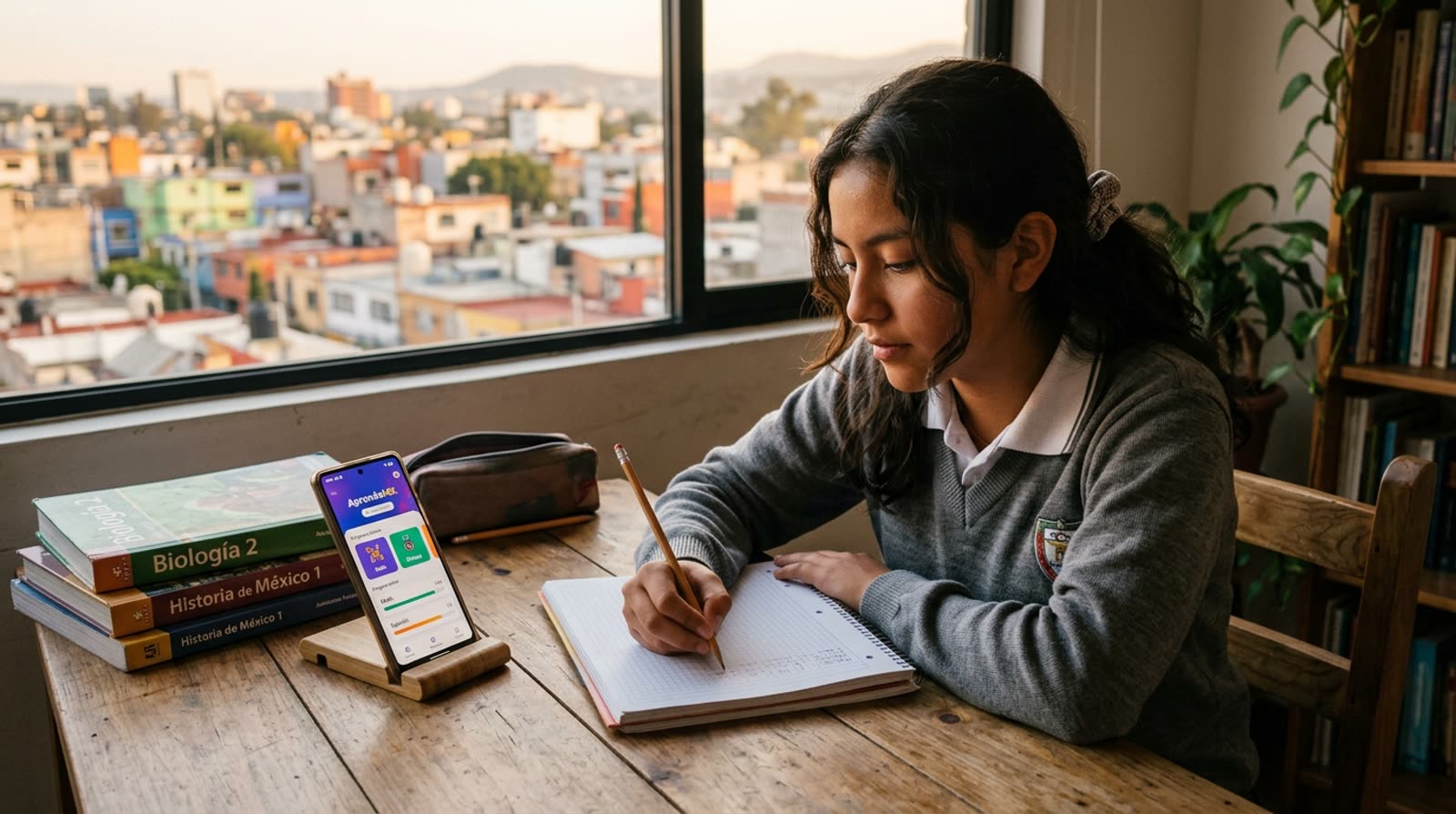 Imagen ilustrativa: estudiante de secundaria en México preparándose para el examen ECOEMS 2027 con sus libros, apuntes y una app de estudio en el celular
