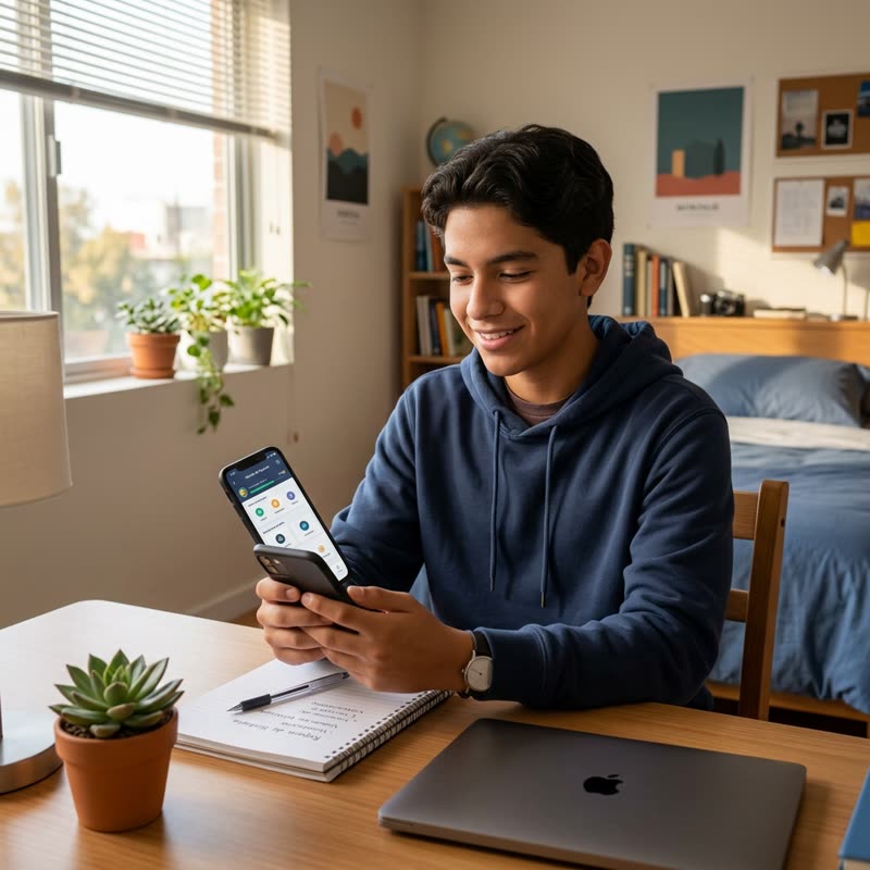 Imagen ilustrativa: estudiante sonriente practicando con una app de estudio en su celular