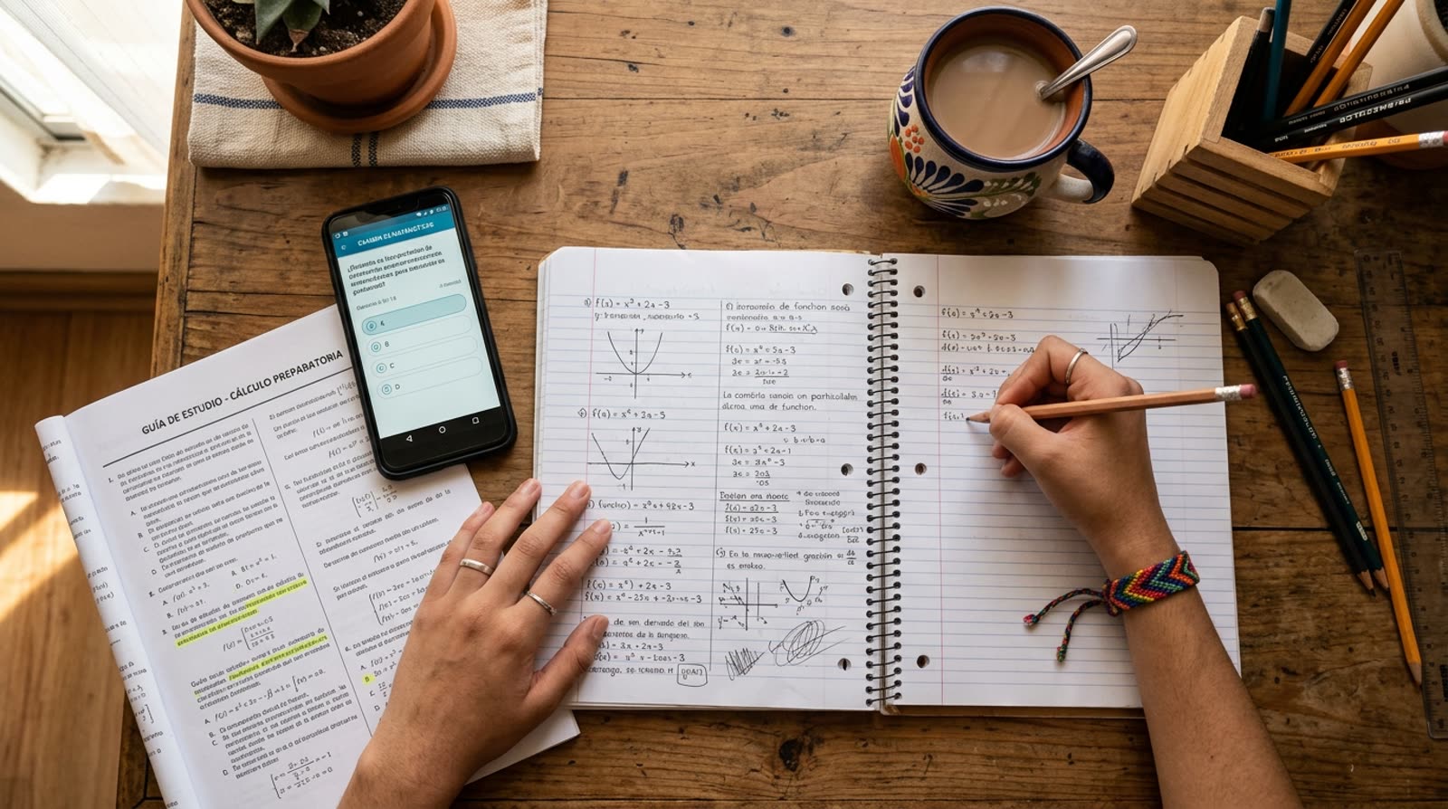 Imagen ilustrativa: escritorio de estudio con una guía de matemáticas, un celular con preguntas de opción múltiple y un cuaderno de apuntes