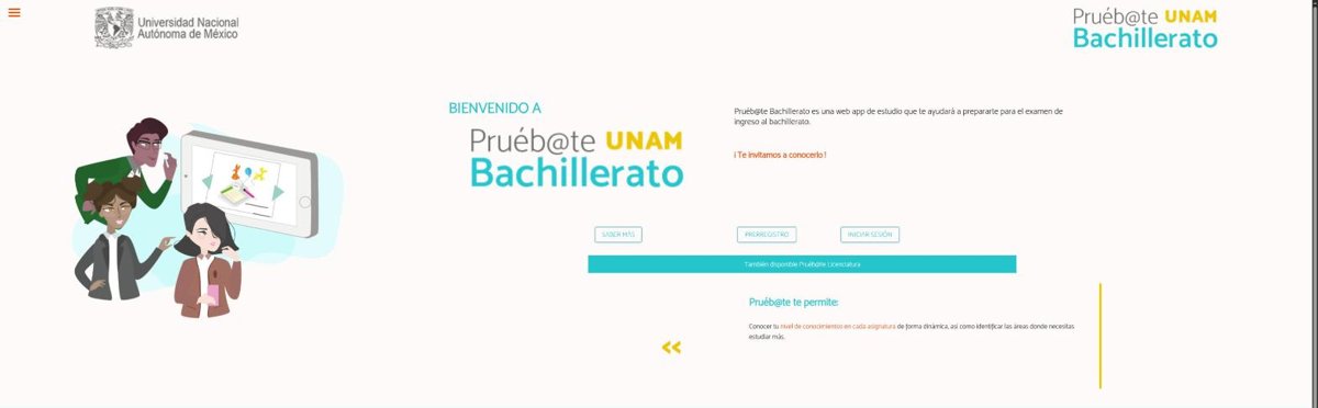 Página de inicio de Pruéb@te UNAM Bachillerato con los botones Saber más, Prerregistro e Iniciar sesión