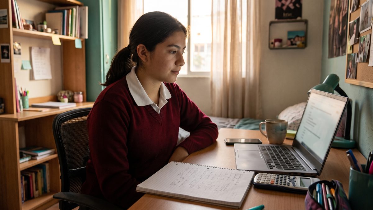 Estudiante de secundaria practica un examen de opción múltiple en su laptop, con cuaderno y calculadora, preparándose para el ingreso al bachillerato