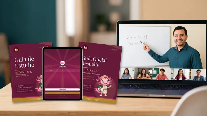 Clases en vivo del Curso ECOEMS 2027: profesor en videollamada con alumnos, junto a la Guía de Estudio, la app en tablet y la Guía Oficial Resuelta