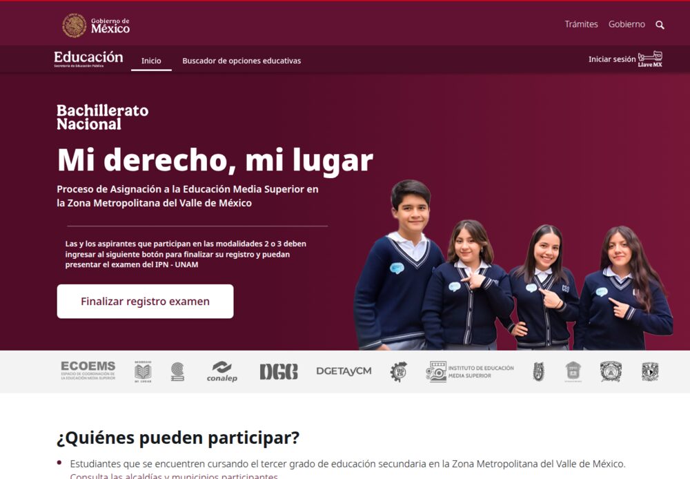 Portal miderechomilugar.gob.mx mostrando el botón Finalizar registro examen para ECOEMS 2026
