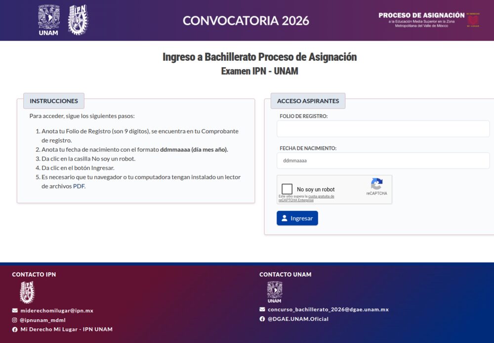 Portal del concurso IPN-UNAM: formulario para ingresar folio de registro y fecha de nacimiento en formato ddmmaaaa