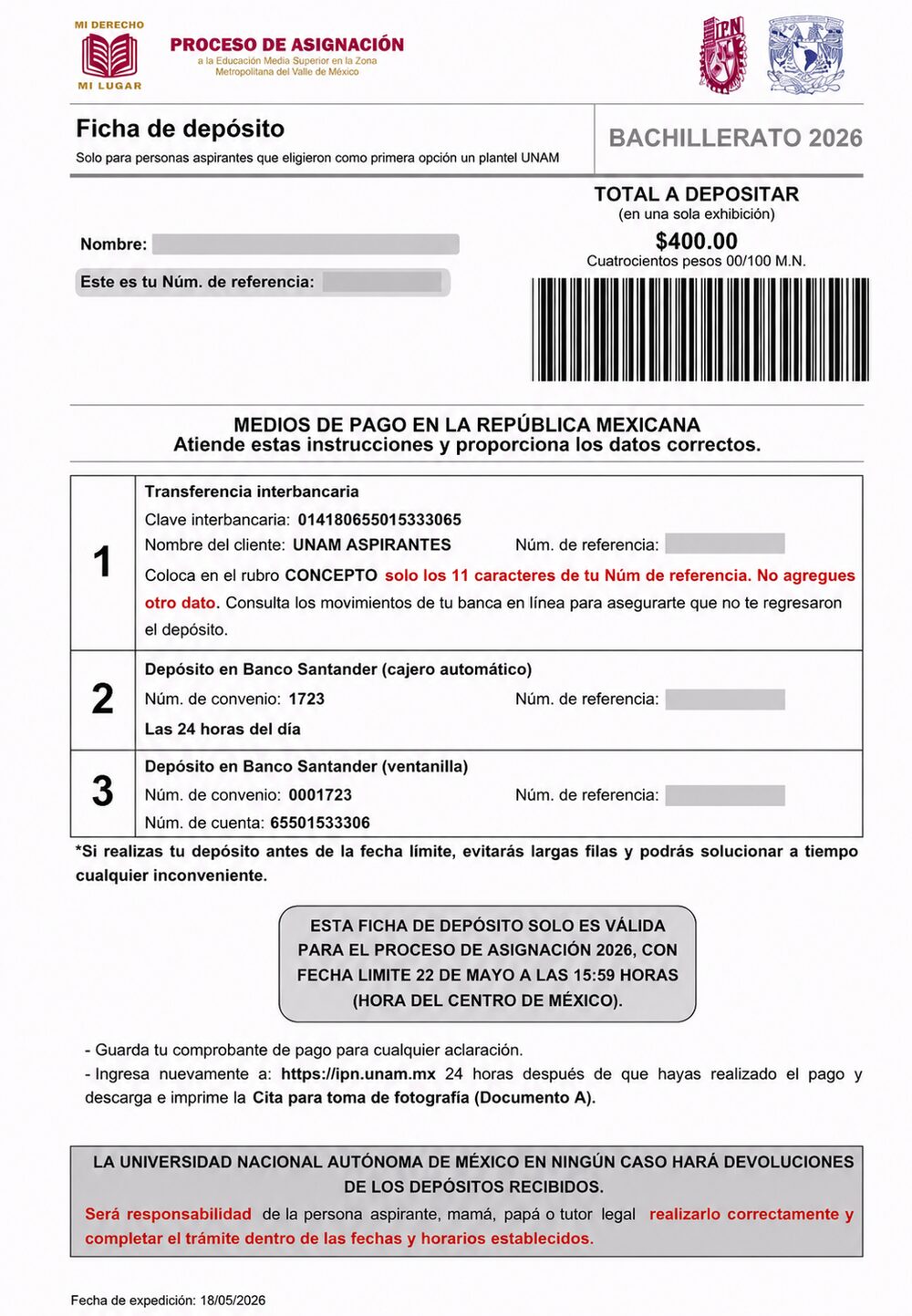 Ejemplo ilustrativo de la ficha de deposito del derecho a examen ECOEMS 2026
