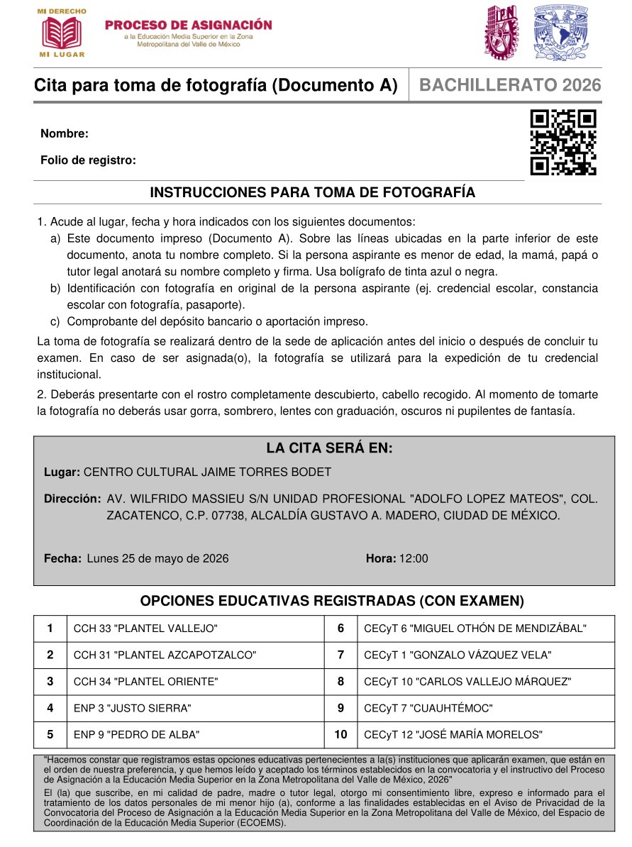 Cita para toma de fotografía (Documento A) del ECOEMS 2026: ejemplo con instrucciones, sede, fecha y hora de la toma presencial